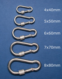 Overzicht karabijhaken met schroefsluiting RVS