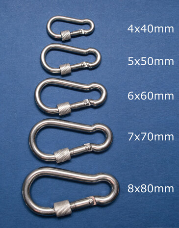 Overzicht karabijhaken met schroefsluiting RVS