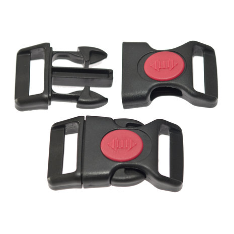 Curved safety side release buckle black plastic with red (round) center-lock 25 mm (10, 50, 100, ... pieces)